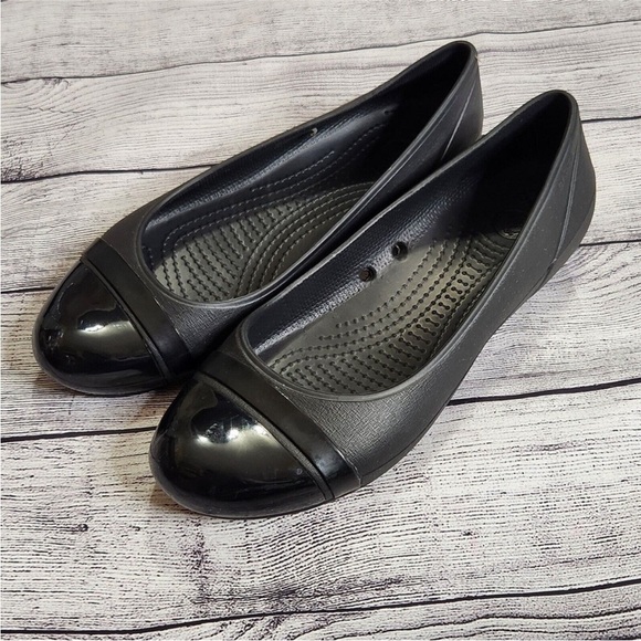 Womens Crocs Alice Black Patent Cap Toe Casual Comfort Ballet Flats Size 9 - Picture 9 of 14